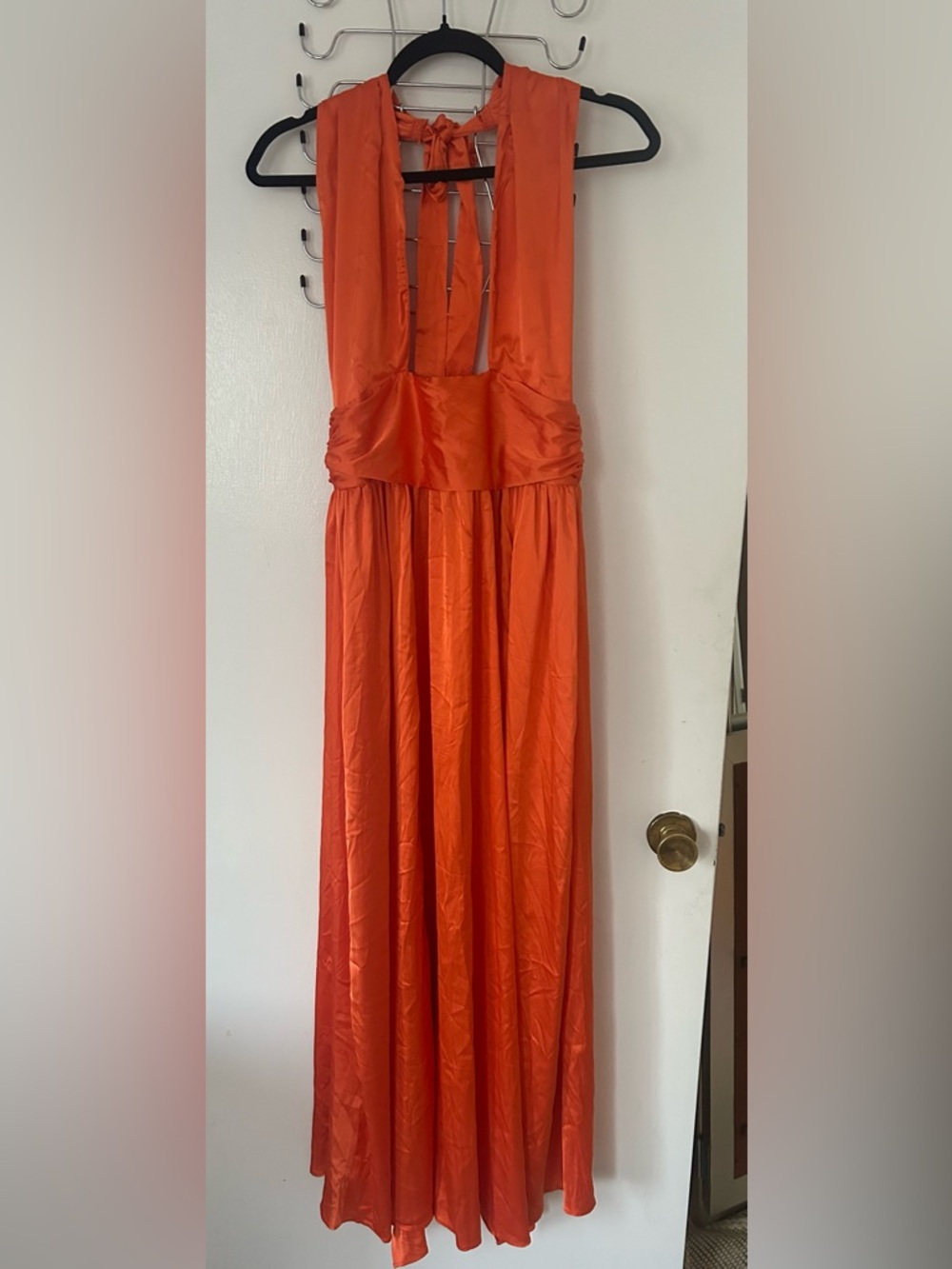Beautiful Vibrant Orange Glossy Halter Plunge Maxi Dress size 6